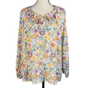 LC Lauren Conrad Large Top Floral Long Balloon Sleeves Ruffled Tie Keyhole Neck